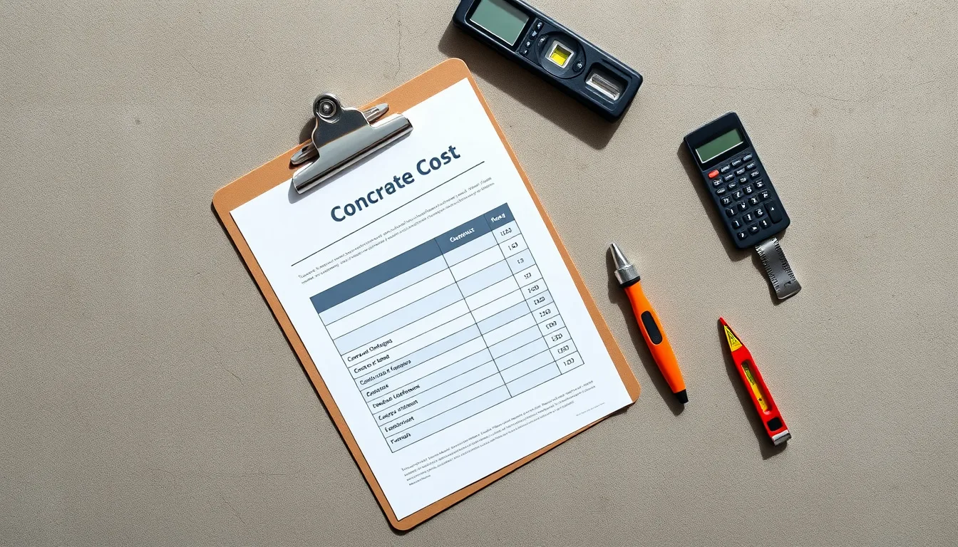Concrete repair cost worksheet and level tool on a Denver driveway slab