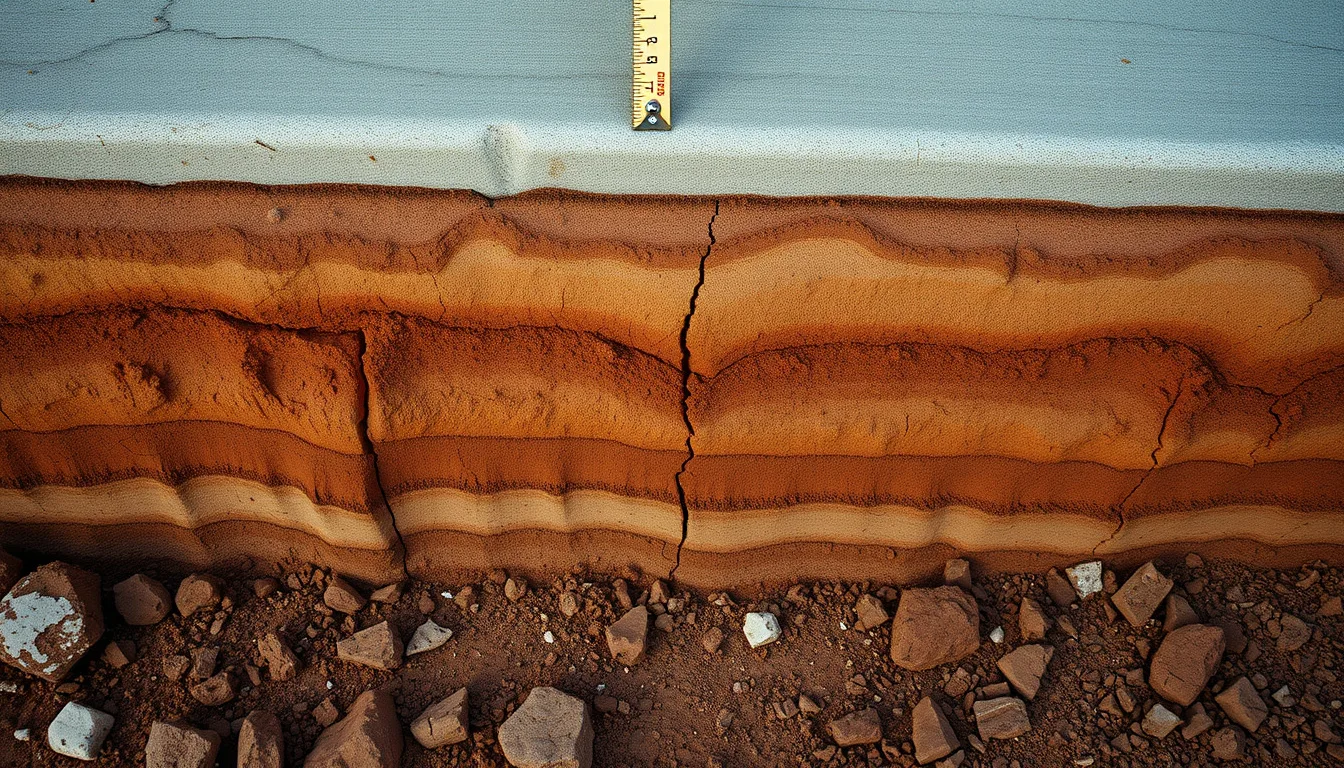 Excavated Denver-metro soil profile showing expansive bentonite clay layers beneath a lifted concrete slab edge