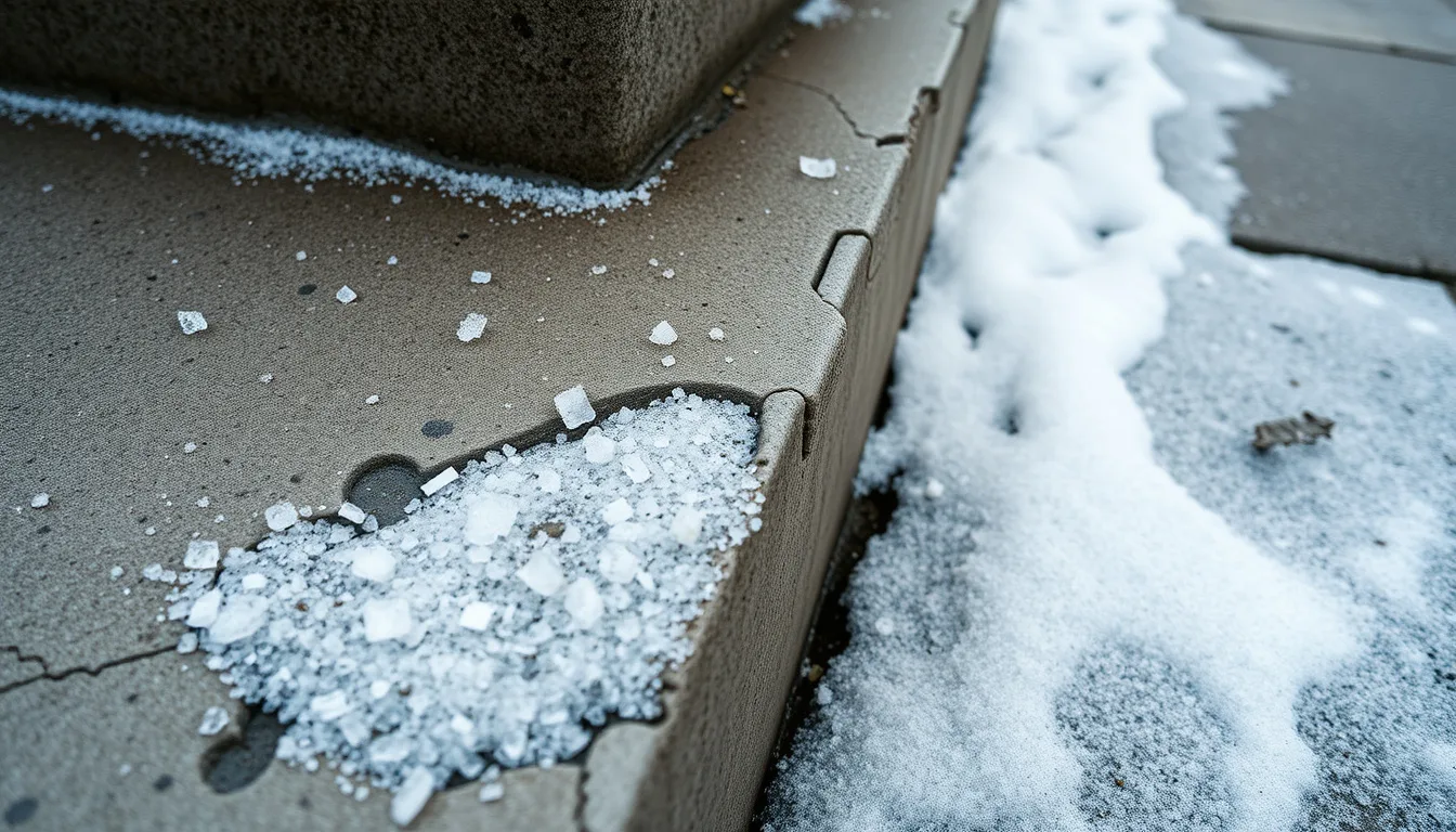 Close-up of de-icing salt residue and pitted scaling damage on a Denver concrete sidewalk edge