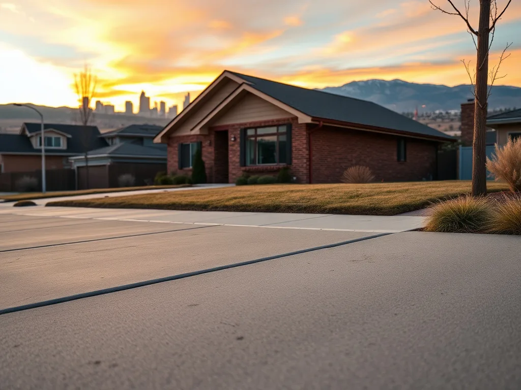 Denver skyline behind an urban metro suburb with a level concrete driveway in the foreground