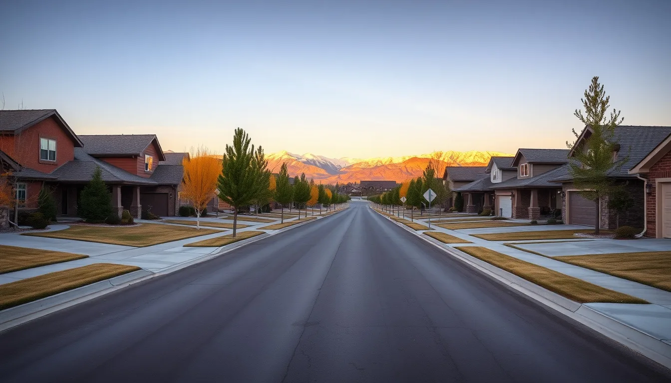 Denver-metro suburban street with level driveways and mountains visible at golden hour