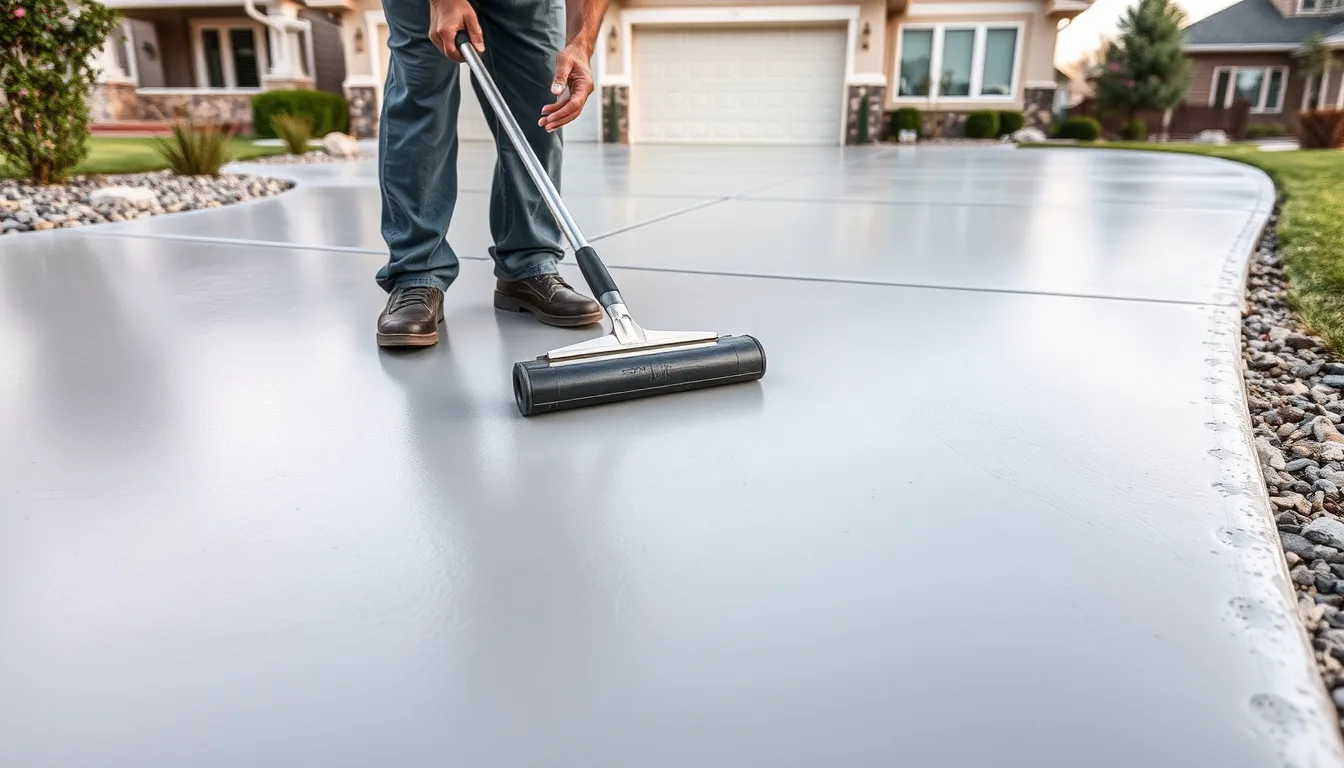 Technician applying a fresh concrete resurfacing overlay across a Denver-metro driveway slab